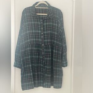 Green Plaid Long Sleeve Collared Dress